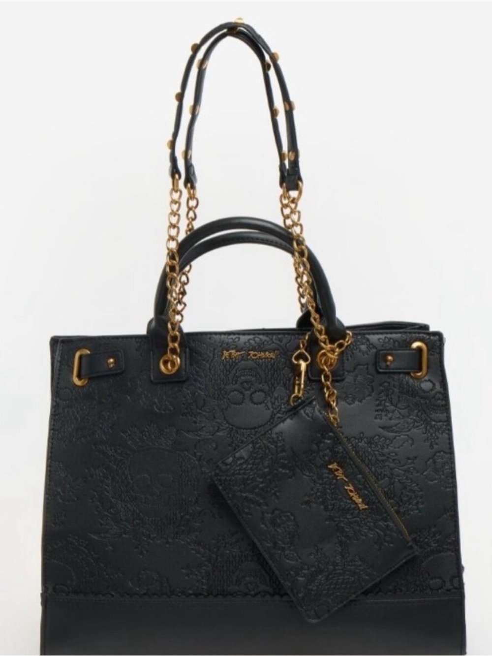 Betsey Johnson Black skull Embossed Leather Tote with Gold Hardware